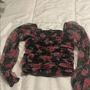 Art Class Black and Pink Floral Mesh Top